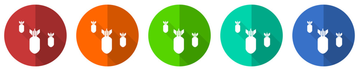 Leinwandbilder - Bomb icon set, war, military, weapon, red, blue, green and orange flat design web buttons isolated on white background, vector illustration