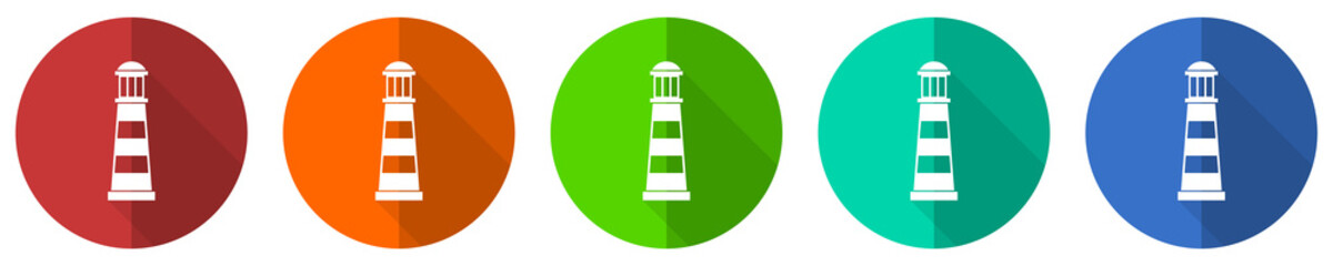 Aufkleber - Lighthouse icon set, navigation, sea, red, blue, green and orange flat design web buttons isolated on white background, vector illustration