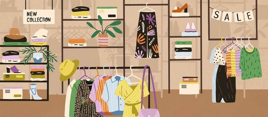 Wall Mural - Interior of modern fashionable boutique vector flat illustration. Colorful clothes, shoes and accessories assortment on shelves and hangers. Shopping mall or store area with different goods