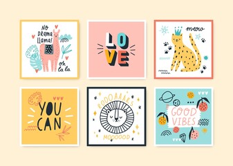 Set of colorful doodle cards vector flat illustration. Collection of postcards with cute exotic animals, plants, fruits and motivational slogans isolated. Hand drawn trendy decorative design