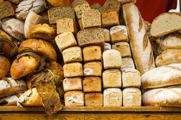 Many rustic fresh bread loaves