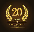 20th gold anniversary celebration logo with golden color and laurel wreath vector design.