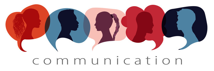 Wall Mural - Silhouette heads people in profile inside speech bubble talking and communicating. Communication text. Communicate and share ideas and information on social networks. Community concept