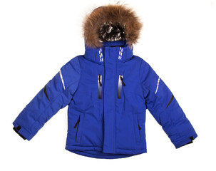 warm jacket with fur on the hood of a blue color for a child