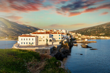 Wall Mural - Beautiful view to the town of Andros island during summer sunrise time, Cyclades, Greece