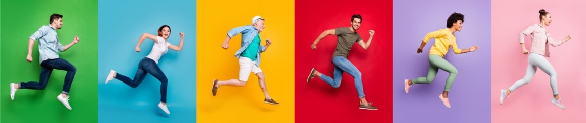 Summer shopping concept. Panoramic photo сollage of full body five diverse funny funky style afro trendy in good mood motion casual outfit crowd of people running to reach target isolated background