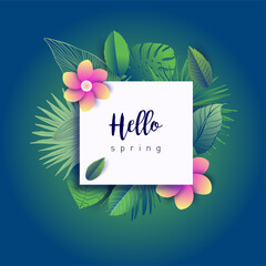 Wall Mural - Design banner with lettering design welcome spring. Card for spring season with white green tropical leaves and floral. Promotion offer with spring plants, leaves and flowers decoration. Vector