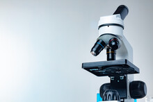Scientific Microscope Lenses Close Up. Laboratory Equipment
