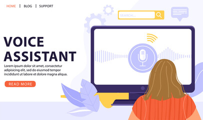 Woman working on computer and using voice assistant. Intellectual technology. Vector web page banner illustration with icons.