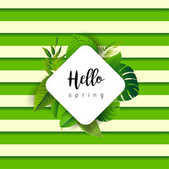 Design banner with lettering design welcome spring. Card for spring season with white green tropical leaves and floral. Promotion offer with spring plants, leaves and flowers decoration. Vector