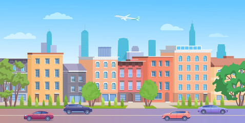 Architecture building in New York streets vector illustration. Cartoon flat urban NY skyline, panorama view of streetscape with classic facade brick houses, cars on road and empty sidewalk background