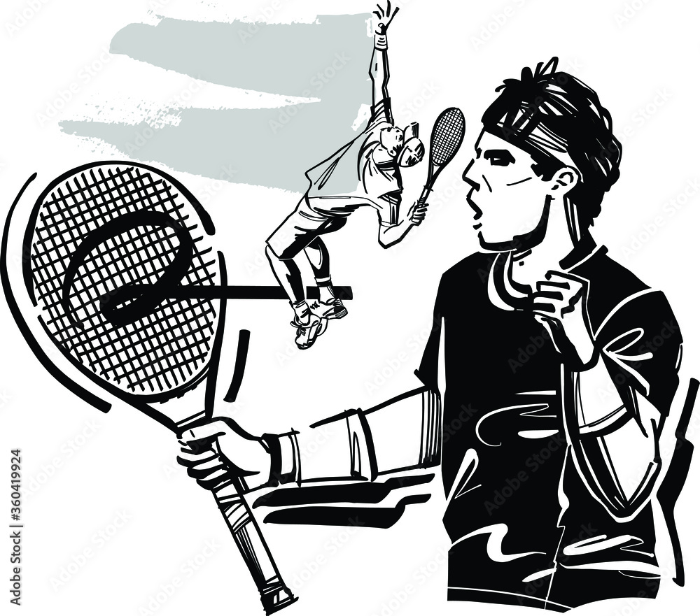 black and white cartoon illustration of a tennis player Stock Vector ...
