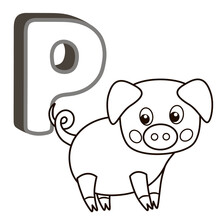 Vector Coloring Book Alphabet With Capital Letters Of The English And Cute Cartoon Animals And Things. Coloring Page For Kindergarten And Preschool. Cards For Learning English. Letter P. Pig