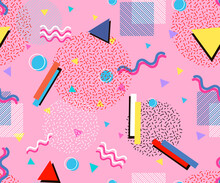 Fashionable Youth Pattern With A Game, Vhs Cassette, Candy On A Stick, Sneakers And An Old Audio Cassette. Items On The Theme Of Nastalgia 90s-80s. Repeated Bright Pattern For Textiles, Sportswear