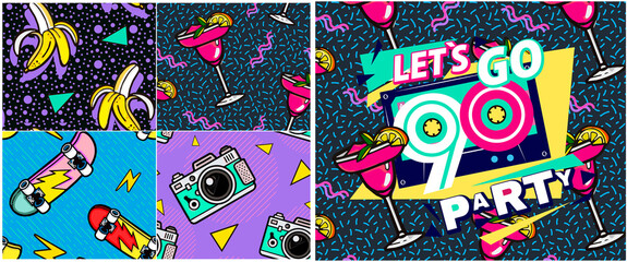 Wall Mural - Set of vector banners in trendy 80s-90s memphis style. with old-fashioned retro stuff with a game, vhs cassette, skate, stick candy, sneakers and an old audio cassette. Can be used in cover design, bo