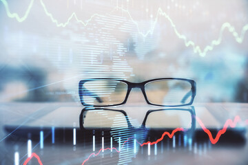 Aufkleber - Financial graph hologram with glasses on the table background. Concept of business. Double exposure.
