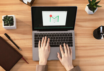 Poster - Email Notification. Woman Working On Laptop With Mail Envelope Icon On Screen