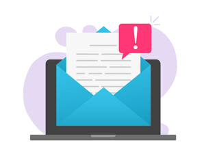 Poster - Email online scam malware caution message file notice on computer laptop or pc internet web mail document fraud digital warming alert attack vector flat, insecure network data phishing risk note image