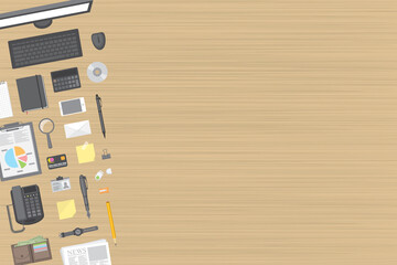 Leinwandbilder - Vector illustration. Office desktop with office accessories. Top view. Desktop with business objects. View from above.