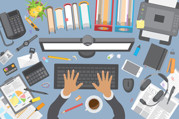 Leinwandbilder - Vector illustration. Office desktop with office accessories. Top view. Desktop with business objects. View from above.