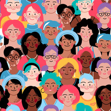 Seamless pattern. Female diverse faces of different ethnicity, different skin and different bodies