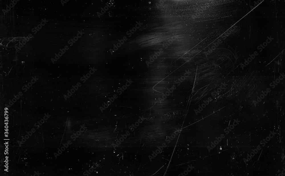 Dust scratches background. Grain texture. Black distressed surface with white smeared stains. - obrazy, fototapety, plakaty 