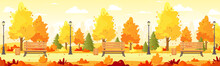 Vector Illustration Of Autumn City Park Panorama With Trees, Bush, Bench, Lantern, Walkway, Hills And City Skyline. Beautiful Urban Fall Park For Banner, Poster, Web. Cartoon City Park In Flat Style.