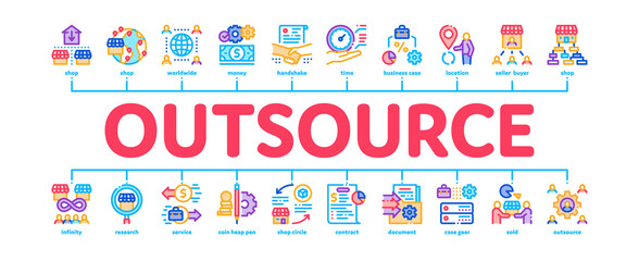 Aufkleber - Outsource Management Minimal Infographic Web Banner Vector. Outsource Team And World Business Process, Agreement Document And Job Payment Illustration