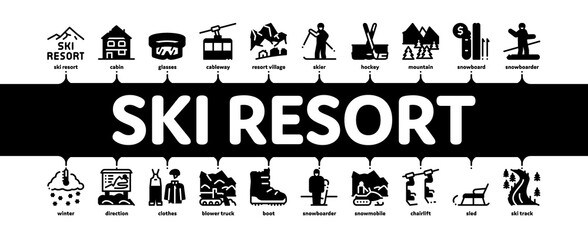 Sticker - Ski Resort Vacation Minimal Infographic Web Banner Vector. Ski Snow Track And Shoe, Protective Glasses And Sled, Chairlift Cableway And Cabin Illustration