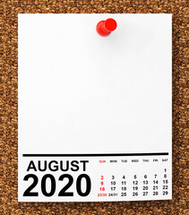 Aufkleber - Calendar August 2020 on Blank Note Paper. 3d Rendering