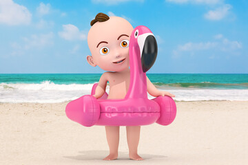 Wall Mural - Cartoon Cute Baby Boy with Summer Swimming Pool Inflantable Rubber Pink Flamingo Toy on an Ocean or Sea Beach. 3d Rendering