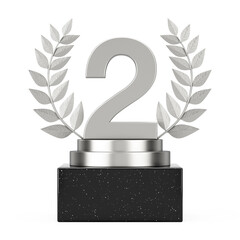 Aufkleber - Winner Award Cube Silver Laurel Wreath Podium, Stage or Pedestal with Silver Number Two or Second Place. 3d Rendering