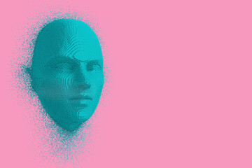 Poster - Abstract Blue Cubes Human Head and Face in Duotone Style. 3d Rendering