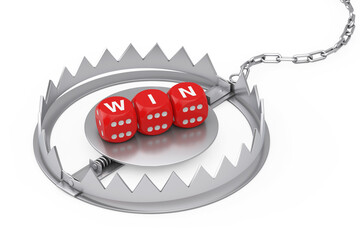 Poster - Metal Bear Trap with Red Win Gaming Dice. 3d Rendering