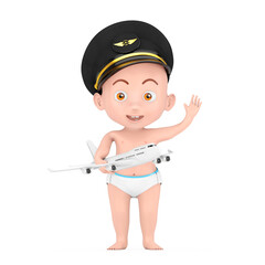 Aufkleber - Little Pilot Concept. Cartoon Cute Baby Boy in Airline Pilots Hat and Modern Passenger Airplane in Hand. 3d Rendering