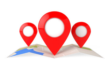 Poster - Folded Abstract Navigation Map with Three Target Map Pointer Pins. 3d Rendering