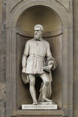 Statue of artist Benvenuto Cellini, outdoor the Uffizi museums, Florence, Italy, famous touristic place