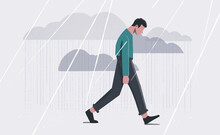 Depressed Man Walking In Rain