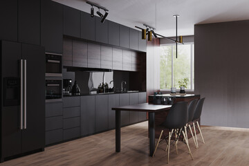 modern dark kitchen and dinning room interior with furniture and kitchenware, grey, black and dark w