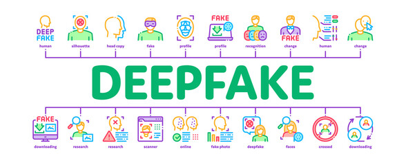 Poster - Deepfake Face Fake Minimal Infographic Web Banner Vector. Human Face Research And Change, Computer Video Analysis And Downloading Image Illustration