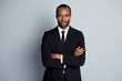 © deagreez - Portrait of his he nice attractive imposing classy chic content guy director employer wearing suit folded arms career white collar isolated over grey pastel color background