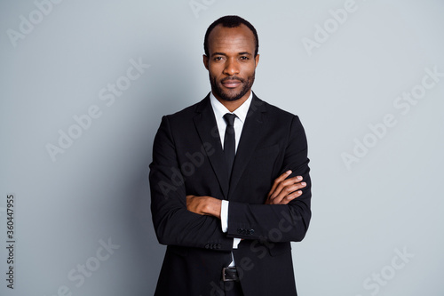 Portrait of his he nice attractive imposing classy chic content guy director employer wearing suit folded arms career white collar isolated over grey pastel color background