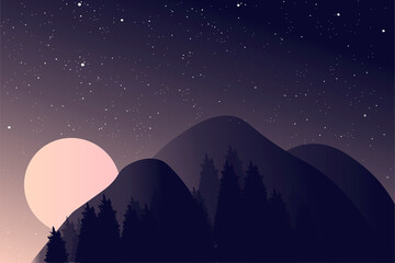 Beautiful landscape. Dark background, night sky with stars and a full moon. A massive massive mountain range upon which moonlight falls. Sunset, wildlife, mountains, outdoor recreation.
