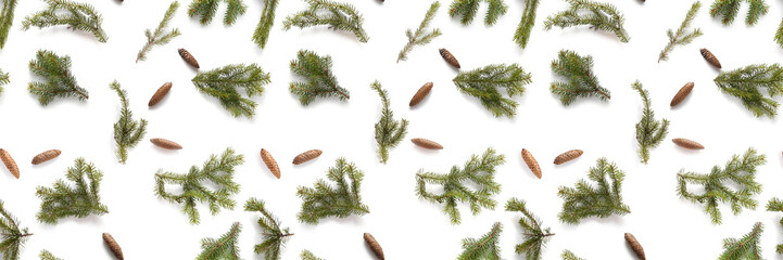 Wall Mural - Spruce branches and cones isolated on white background, seamless pattern. Christmas and New Year background.