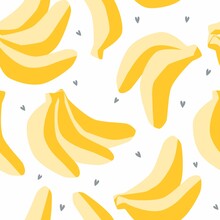 Yellow Banana And Grey Tiny Heart Vector Seamless Pattern With Tropical Fruit Silhouette For Toddler Girl Clothing Or Duvet Cover Textile Print. 