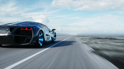Wall Mural - black futuristic electric car on highway in desert. very fast driving. concept of future. realistic 