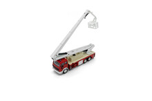 Children's Toy Red Fire Truck With A Retractable Tower On A White Background