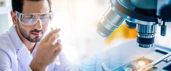 Wall Mural - scientist lab technical service observe liquid sample with lab glassware, microscope and test tubes 
