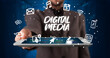 © ra2 studio - Young business person working on tablet and shows the inscription: DIGITAL MEDIA