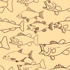 Wall Mural - Seamless pattern with fish. Cod fish, bass fish. Design element for poster, card, banner, flyer.